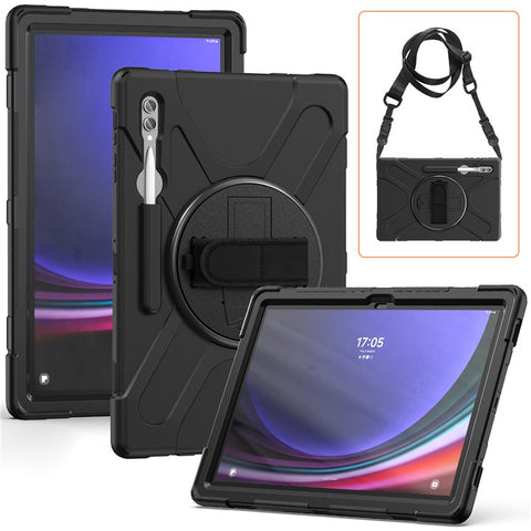 For Samsung Galaxy Tab S10 Ultra X920 / S9 Ultra X910 / S8 Ultra X900 / X906 PC+Silicone Tablet Case Hand Band Kickstand with Shoulder Strap