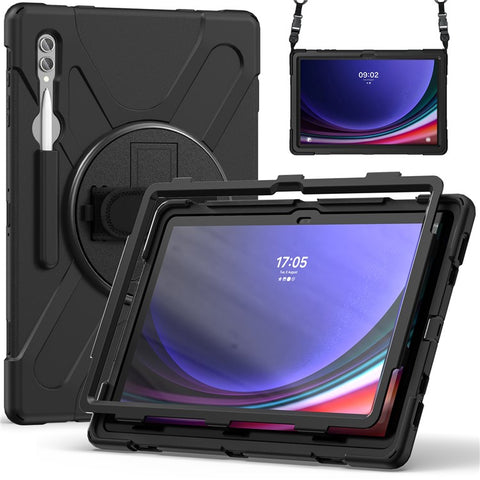 For Samsung Galaxy Tab S10 Ultra X920 / S9 Ultra X910 / S8 Ultra X900 / X906 PC+Silicone Tablet Case Hand Band Kickstand with Shoulder Strap