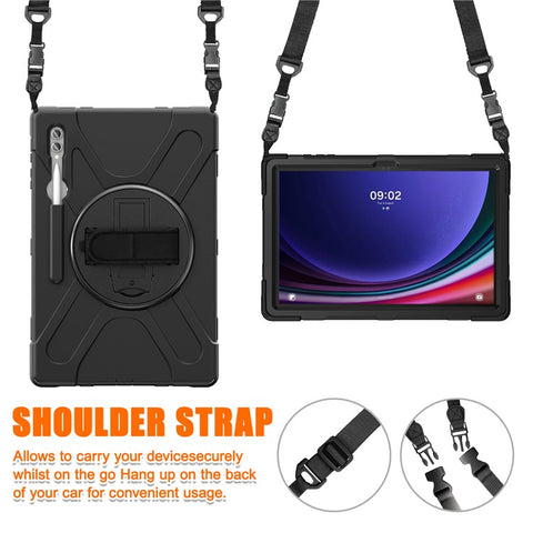 For Samsung Galaxy Tab S10 Ultra X920 / S9 Ultra X910 / S8 Ultra X900 / X906 PC+Silicone Tablet Case Hand Band Kickstand with Shoulder Strap