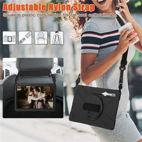 For Samsung Galaxy Tab S10 Ultra X920 / S9 Ultra X910 / S8 Ultra X900 / X906 PC+Silicone Tablet Case Hand Band Kickstand with Shoulder Strap