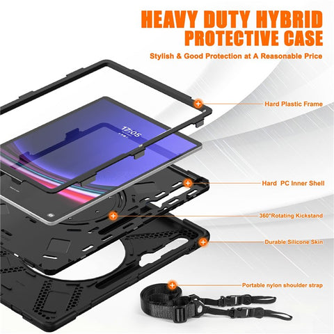 For Samsung Galaxy Tab S10 Ultra X920 / S9 Ultra X910 / S8 Ultra X900 / X906 PC+Silicone Tablet Case Hand Band Kickstand with Shoulder Strap