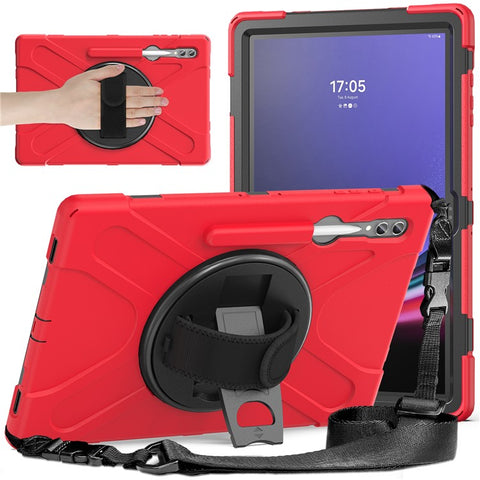 For Samsung Galaxy Tab S10 Ultra X920 / S9 Ultra X910 / S8 Ultra X900 / X906 PC+Silicone Tablet Case Hand Band Kickstand with Shoulder Strap