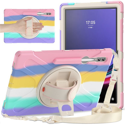 For Samsung Galaxy Tab S10 Ultra X920 / S9 Ultra X910 / S8 Ultra X900 / X906 PC+Silicone Tablet Case Hand Band Kickstand with Shoulder Strap