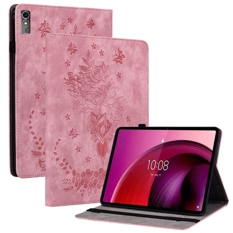For Lenovo Tab M10 5G Leather Cover Butterfly Rose Imprinted Tablet Stand Case