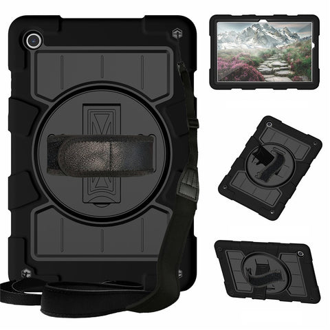 For Samsung Galaxy Tab A9+ Kickstand Case Rotating Hand Strap PC+TPU Tablet Cover with Shoulder Strap