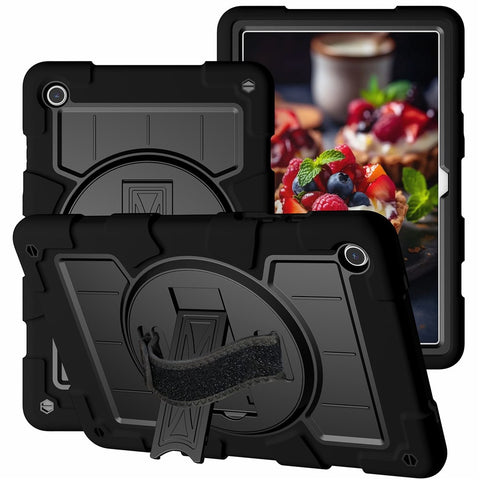 For Samsung Galaxy Tab A9+ Kickstand Case Rotating Hand Strap PC+TPU Tablet Cover with Shoulder Strap