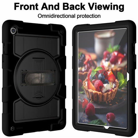 For Samsung Galaxy Tab A9+ Kickstand Case Rotating Hand Strap PC+TPU Tablet Cover with Shoulder Strap