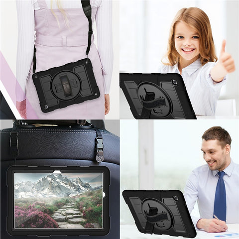 For Samsung Galaxy Tab A9+ Kickstand Case Rotating Hand Strap PC+TPU Tablet Cover with Shoulder Strap