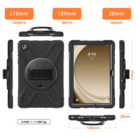 For Samsung Galaxy Tab A9+ Case PC+Silicone Rotary Kickstand Cover with Hand Strap
