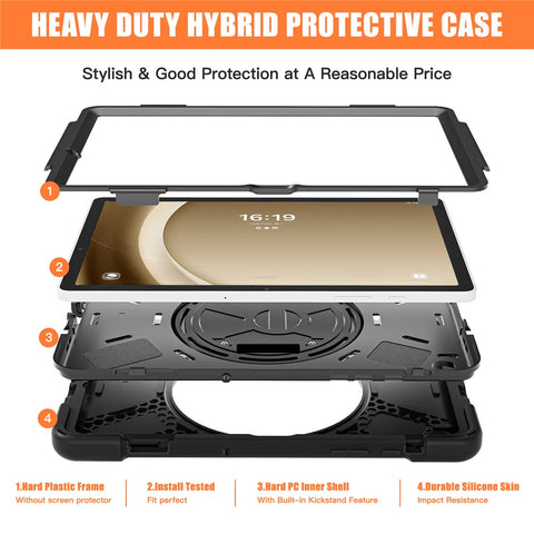 For Samsung Galaxy Tab A9+ Case PC+Silicone Rotary Kickstand Cover with Hand Strap