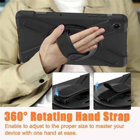 For Samsung Galaxy Tab A9+ Case PC+Silicone Rotary Kickstand Cover with Hand Strap