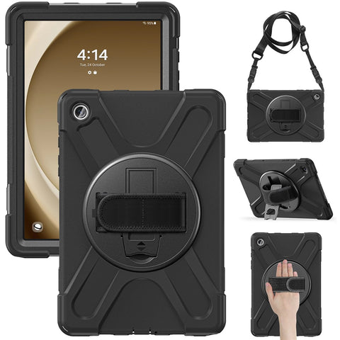 For Samsung Galaxy Tab A9+ Case PC+Silicone Kickstand Tablet Cover with Hand Band / Shoulder Strap