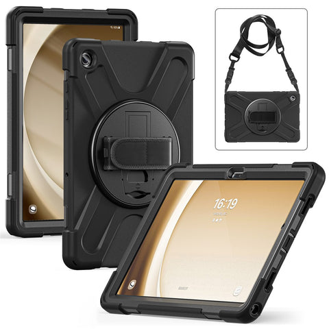 For Samsung Galaxy Tab A9+ Case PC+Silicone Kickstand Tablet Cover with Hand Band / Shoulder Strap