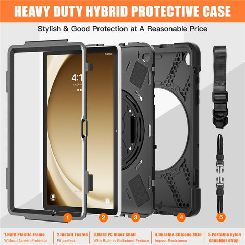 For Samsung Galaxy Tab A9+ Case PC+Silicone Kickstand Tablet Cover with Hand Band / Shoulder Strap