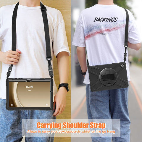 For Samsung Galaxy Tab A9+ Case PC+Silicone Kickstand Tablet Cover with Hand Band / Shoulder Strap