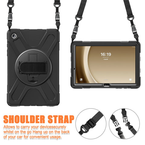 For Samsung Galaxy Tab A9+ Case PC+Silicone Kickstand Tablet Cover with Hand Band / Shoulder Strap