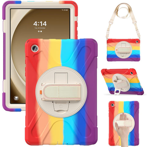 For Samsung Galaxy Tab A9+ Case PC+Silicone Kickstand Tablet Cover with Hand Band / Shoulder Strap