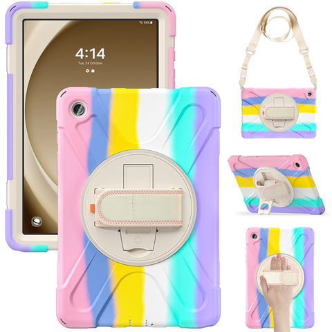 For Samsung Galaxy Tab A9+ Case PC+Silicone Kickstand Tablet Cover with Hand Band / Shoulder Strap