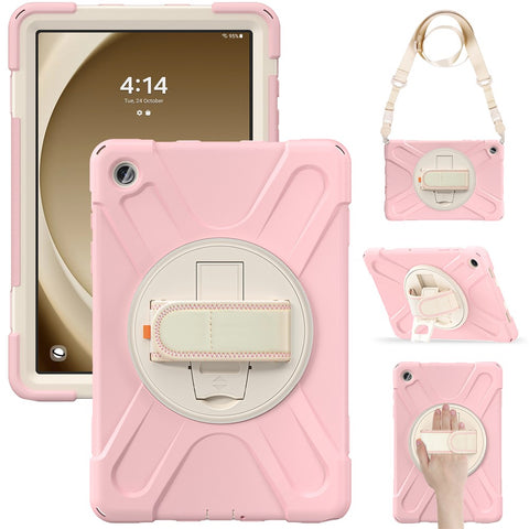 For Samsung Galaxy Tab A9+ Case PC+Silicone Kickstand Tablet Cover with Hand Band / Shoulder Strap