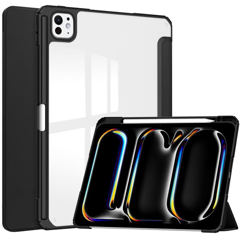 For iPad Pro 11 (2025) / 11 (2024) Case PU Leather+TPU+Acrylic Clear Tablet Cover with Pen Slot