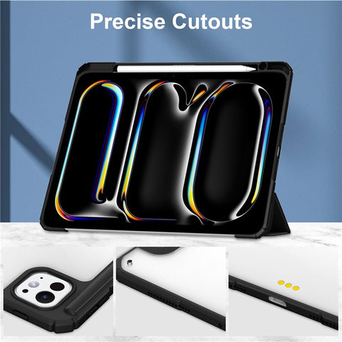 For iPad Pro 11 (2025) / 11 (2024) Case PU Leather+TPU+Acrylic Clear Tablet Cover with Pen Slot