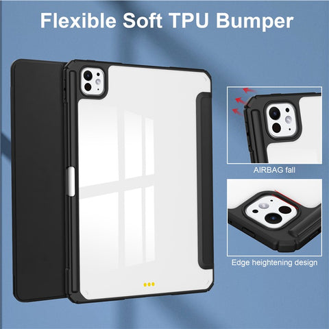 For iPad Pro 11 (2025) / 11 (2024) Case PU Leather+TPU+Acrylic Clear Tablet Cover with Pen Slot