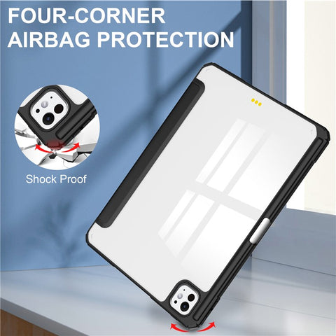 For iPad Pro 11 (2025) / 11 (2024) Case PU Leather+TPU+Acrylic Clear Tablet Cover with Pen Slot