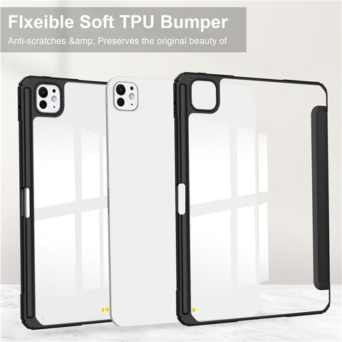 For iPad Pro 11 (2025) / 11 (2024) Case PU Leather+TPU+Acrylic Clear Tablet Cover with Pen Slot