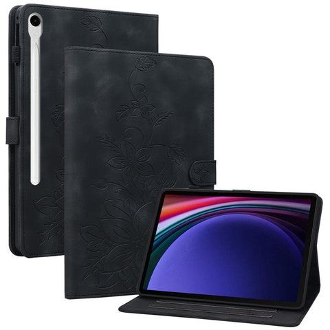 For Samsung Galaxy Tab S9 / S7 / S8 Case PU Leather+TPU Lily Flower Tablet Stand Shell
