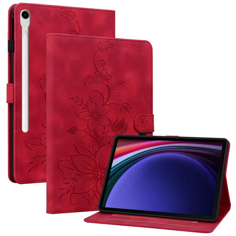 For Samsung Galaxy Tab S9 / S7 / S8 Case PU Leather+TPU Lily Flower Tablet Stand Shell