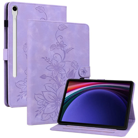 For Samsung Galaxy Tab S9 / S7 / S8 Case PU Leather+TPU Lily Flower Tablet Stand Shell