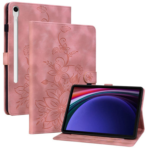 For Samsung Galaxy Tab S9 / S7 / S8 Case PU Leather+TPU Lily Flower Tablet Stand Shell