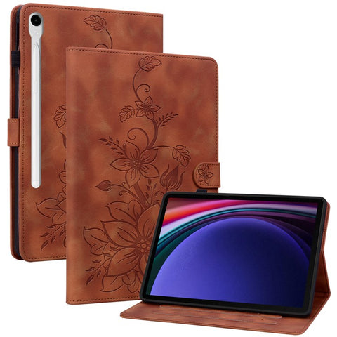 For Samsung Galaxy Tab S9 / S7 / S8 Case PU Leather+TPU Lily Flower Tablet Stand Shell