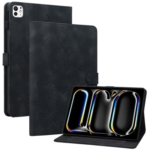 For iPad Pro 11 (2025) / 11 (2024) Case Lily Flower Design PU Leather Drop Protection Tablet Cover