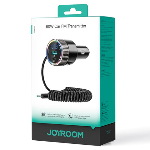 JOYROOM JR-CCB02 Black 60W Fast Charging Car Bluetooth-compatible Transmitter Audio Adapter with Spring Type-C Cable
