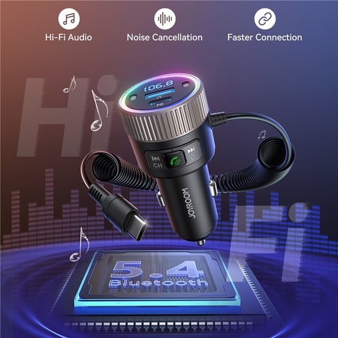 JOYROOM JR-CCB02 Black 60W Fast Charging Car Bluetooth-compatible Transmitter Audio Adapter with Spring Type-C Cable