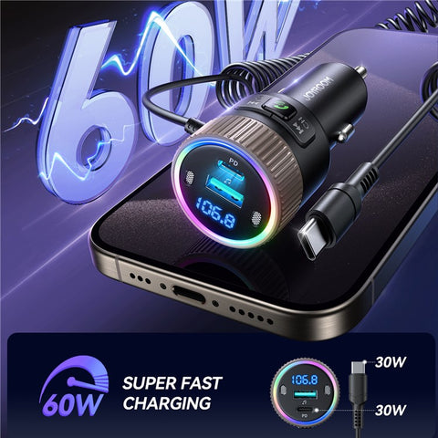 JOYROOM JR-CCB02 Black 60W Fast Charging Car Bluetooth-compatible Transmitter Audio Adapter with Spring Type-C Cable