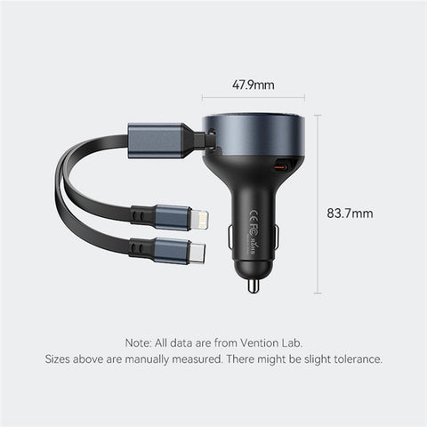 VENTION FFOB0 PD 30W Fast Charging Car Charger with Built In Type C  /  iP Cables for 12V-24V Vehicle