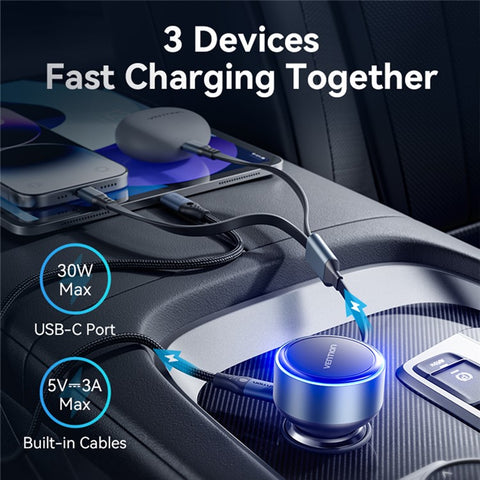 VENTION FFOB0 PD 30W Fast Charging Car Charger with Built In Type C  /  iP Cables for 12V-24V Vehicle