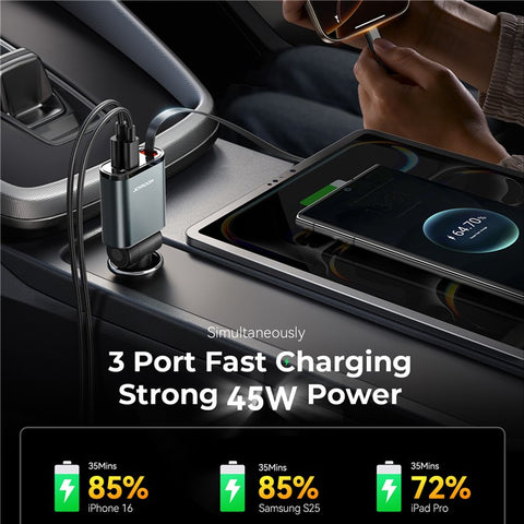 JOYROOM CCL07 45W Car Charger 3 in 1 with Built-In Retractable Type-C Cable Fast Charging for Multiple Devices