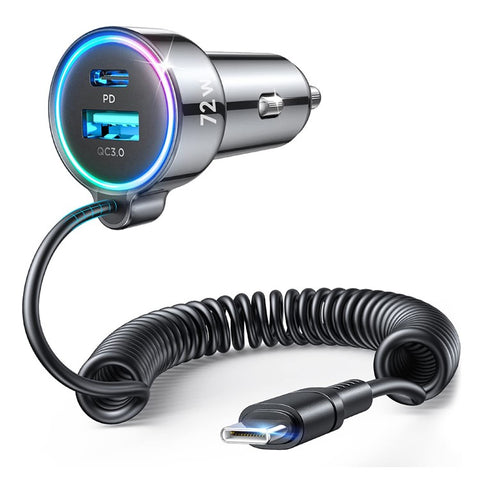 JOYROOM CL07 3 in 1 Car Charger 72W Fast Charging with Built-In Type-C Spring Cable