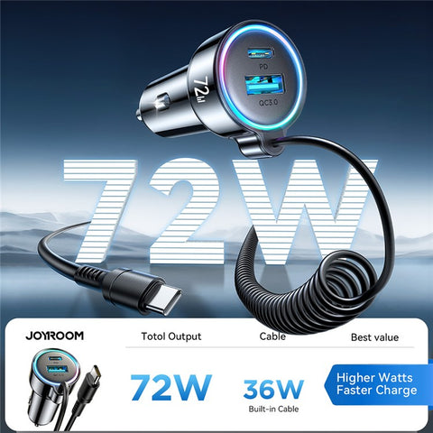 JOYROOM CL07 3 in 1 Car Charger 72W Fast Charging with Built-In Type-C Spring Cable