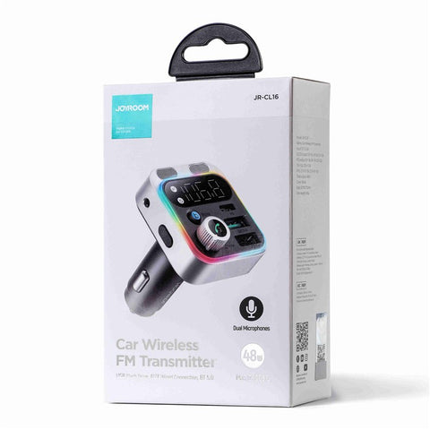 JOYROOM JR-CL16 48W Car Fast Charger Adapter Wireless BT FM Transmitter Support Hands-Free Calling QC3.0+PD Car Charger with LED Display / Dual Mics