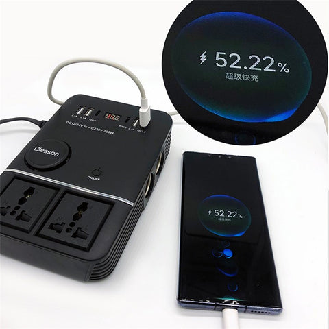 1661 200W Power Socket Cigarette Lighter Car Power Inverter USB+Type-C to 220V QC3.0 Car Charger
