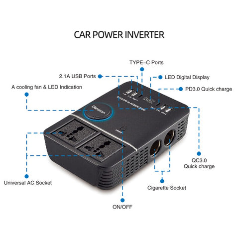 1661 200W Power Socket Cigarette Lighter Car Power Inverter USB+Type-C to 220V QC3.0 Car Charger