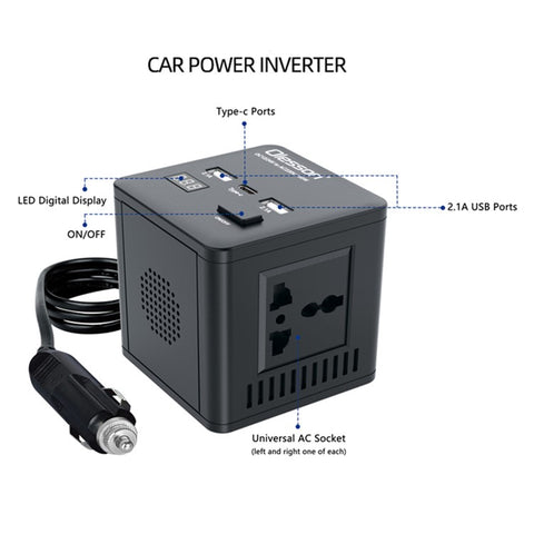 1663 Car Power Inverter 150W Power Socket 2Type-C+2USB Car Charger with LED Digital Display