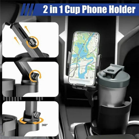 2-in-1 Car Cup Holder Expander 360 Degree Rotating Phone Mount for for Drink Bottles