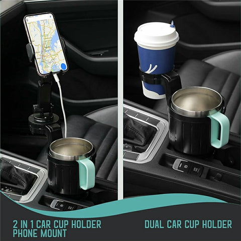 2-in-1 Car Cup Holder Expander 360 Degree Rotating Phone Mount for for Drink Bottles