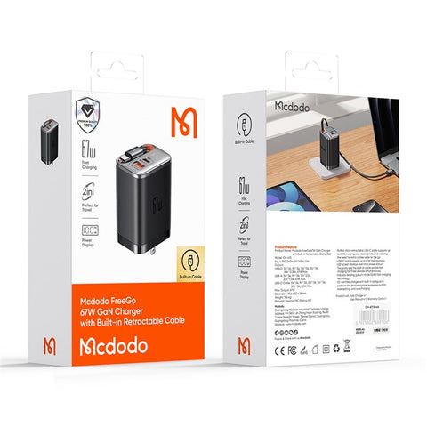 MCDODO CH-4110 Freego Series GaN Charger 67W USB A+C Fast Charging Power Adapter with Retractable Cable