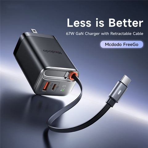 MCDODO CH-4110 Freego Series GaN Charger 67W USB A+C Fast Charging Power Adapter with Retractable Cable
